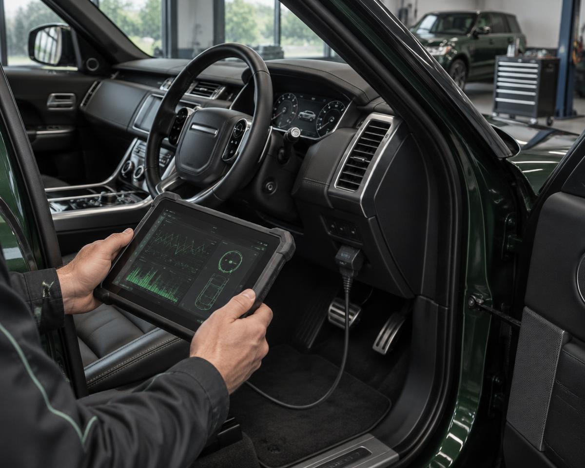Diagnostic tablet connected to a luxury vehicle — illustrative image